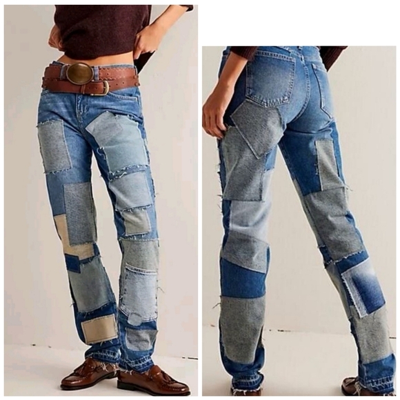 Free People Denim - New Free People Bare With Me Mid Rise Straight Leg Edgy Patch Jeans Size 28